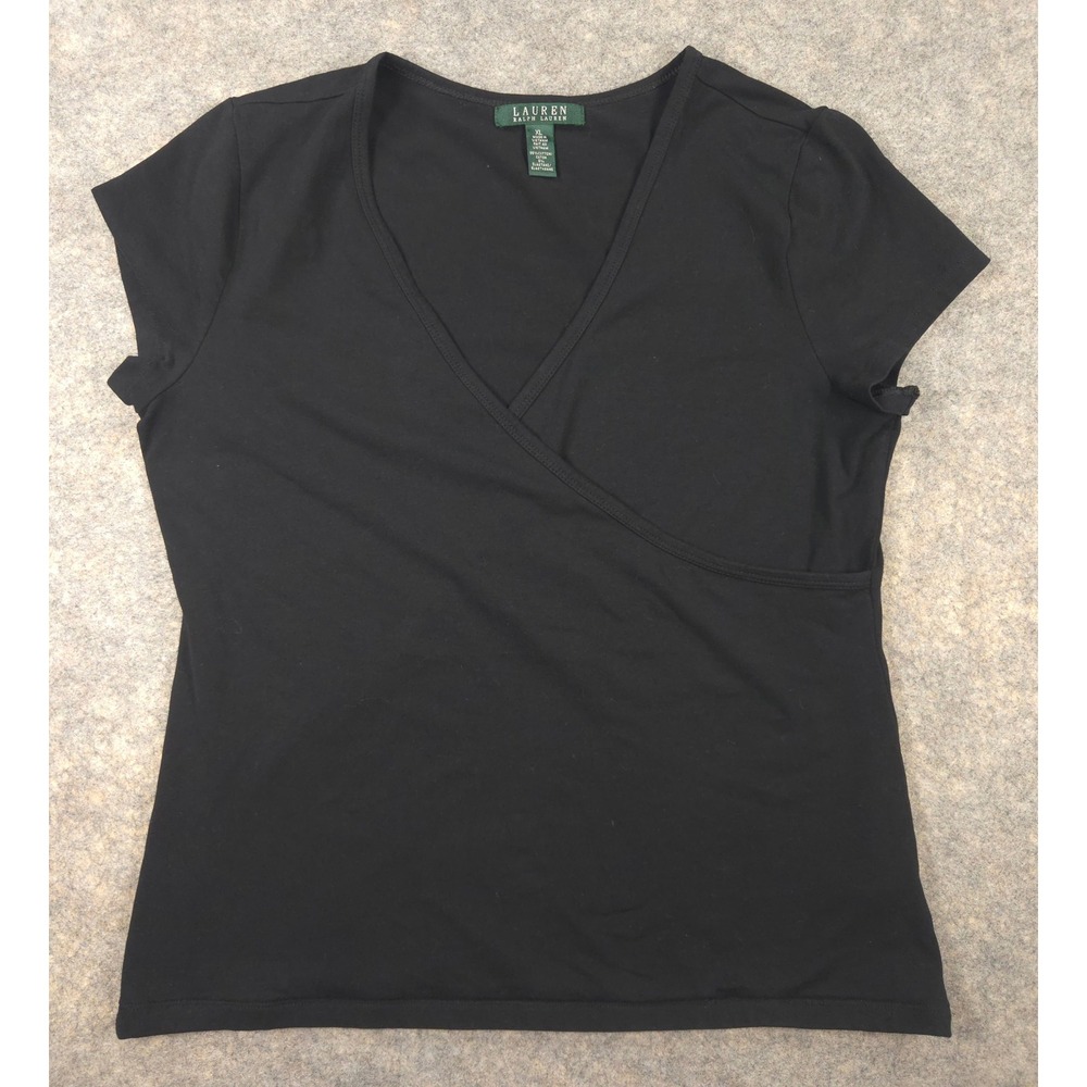 Lauren Ralph Lauren Black Faux Wrap V-Neck Short Sleeve Top XL